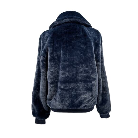 Molly Bracken Dark Navy Soft Faux Fur Wide Collar Zipper Bomber Jacket w Pockets - Picture 5 of 13